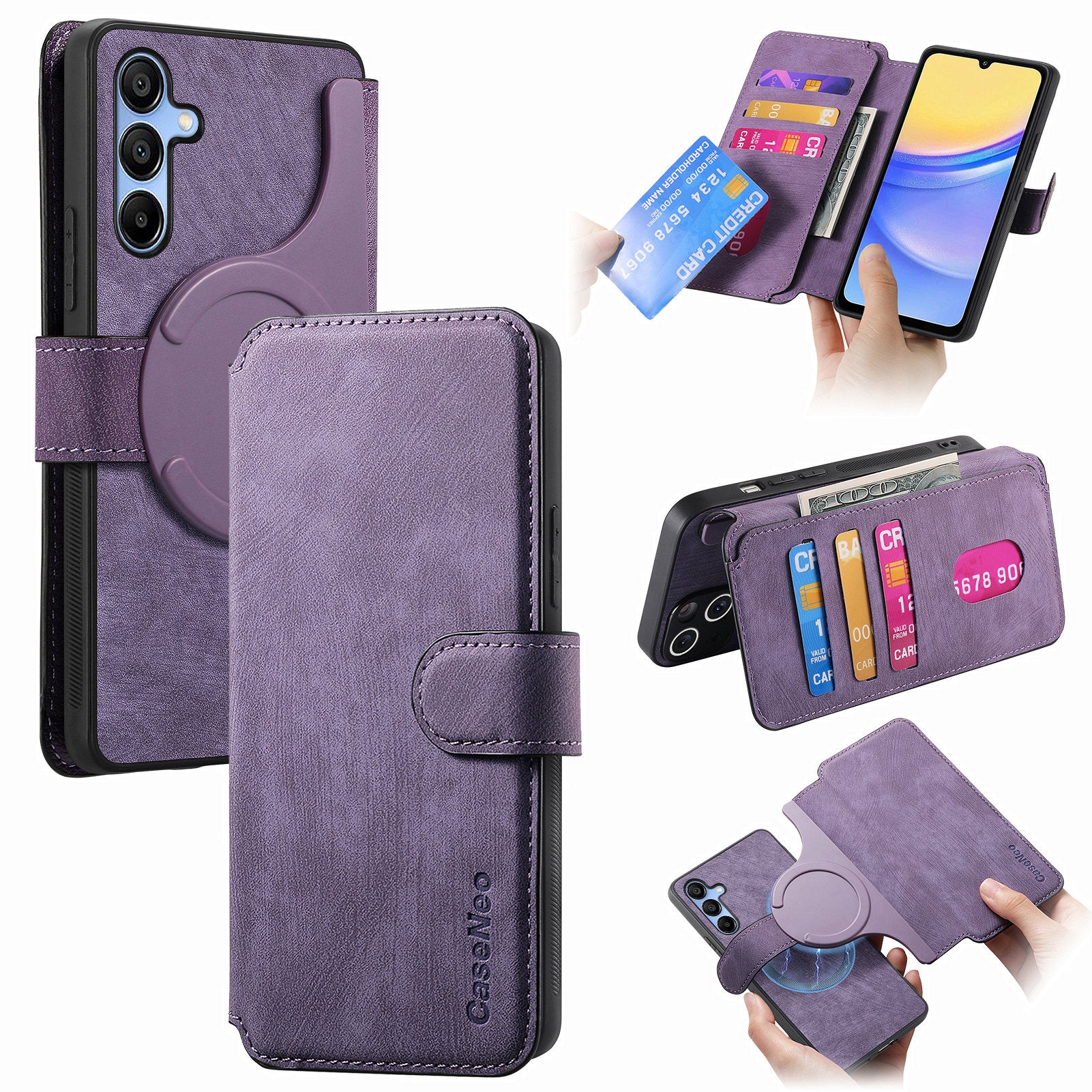 CASENEO MW-03 For Samsung Galaxy A25 5G (Global) (161.0 x 76.5 x 8.3mm) Case Detachable Magnetic Leather Cell Phone Back Cover - Purple CASENEO MW-03 For Samsung Galaxy A25 5G (Global) (161.0 x 76.5 x 8.3mm) Case Detachable Magnetic Leather Cell Phone Back Cover - Purple